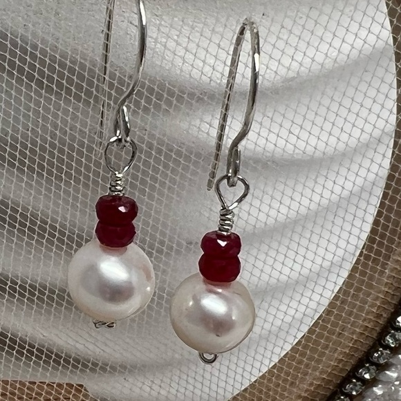 ARTISAN Ruby & Freshwater Pearl Sterling Silver Earrings - Picture 3 of 12